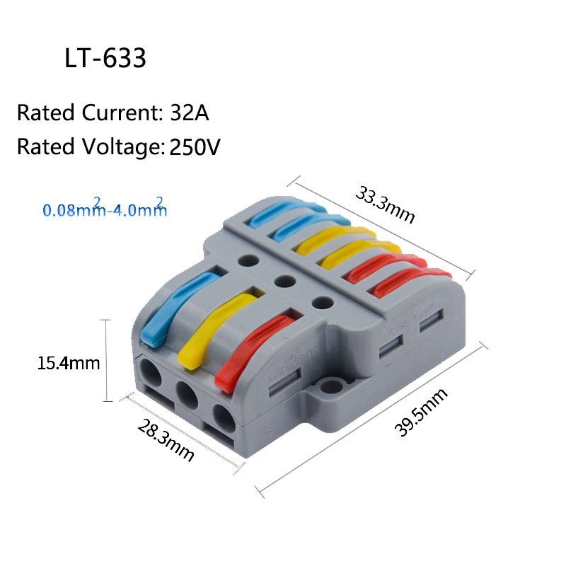 2in4 LT422, 2in6 LT623, 3in6 LT633, 3in9 LT933 Quick Clamp Terminal Push-In Electrical Wire Connectors 2in4 LT422, 2in6 LT623, 3in6 LT633, 3in9 LT933 Quick Clamp Terminal Push-In Electrical Wire Connectors